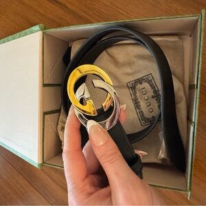 Gucci Black Leather Belt with Gold and Silver Buckle